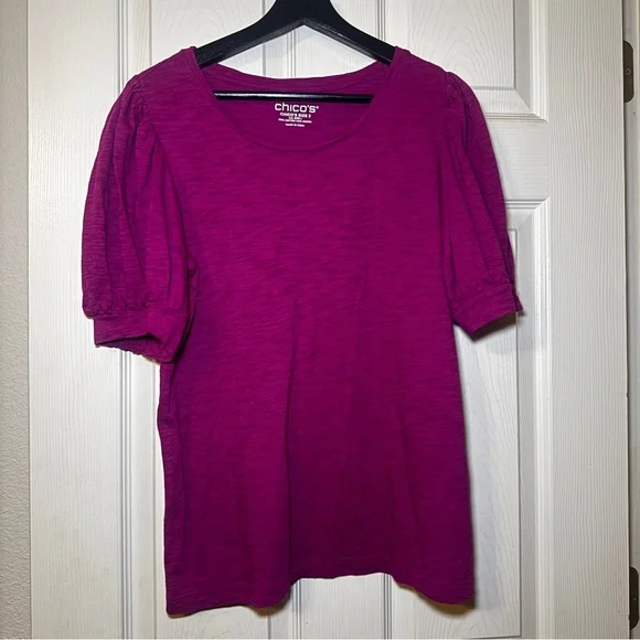 Chico's | Women’s Fuchsia Blouse with Puff Sleeves - Chico’s Size 2 (L) - Picture 1 of 4